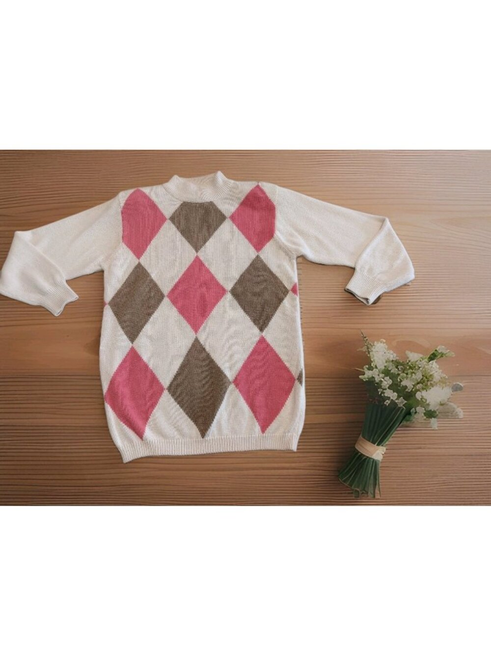 Vintage Petite Sophisticate Argyle Mock Neck Sweater Beige Pink Brown Size M/P